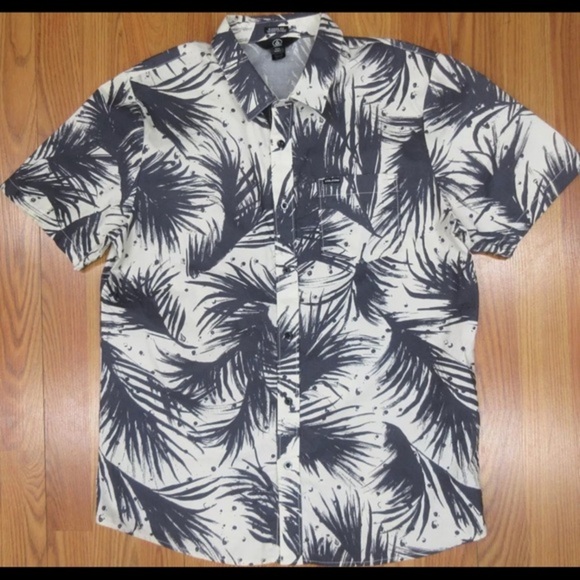 Volcom Modern Fit 100% Cotton Shirt – Palm Tree‎ Print – Navy/Linen – Size Large - Picture 1 of 6